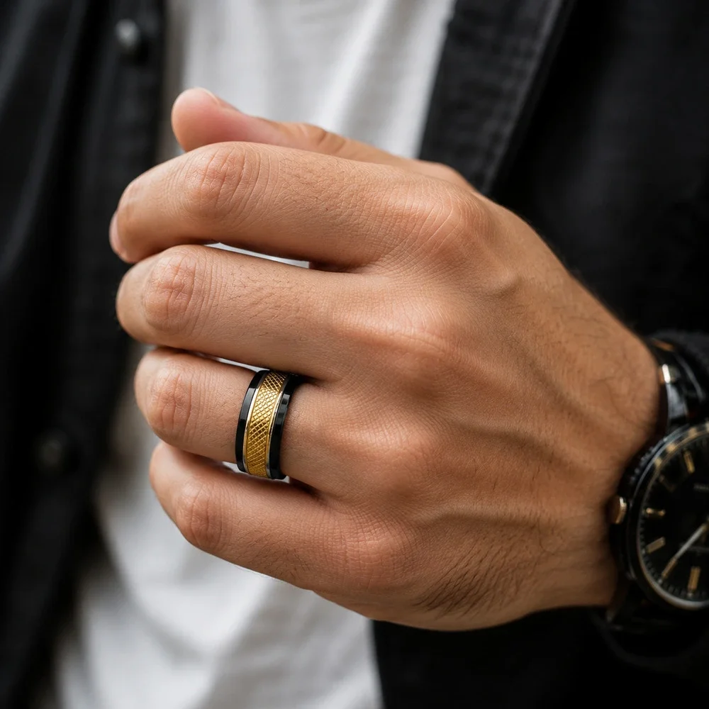 Men’s black gold band 316L stainless steel spinning ring hypoallergenic size 12